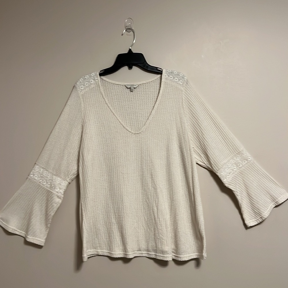 Lucky Brand Waffle Knit Western Rodeo Bell Sleeve V Neck Neutral Cream Tunic 1X‎
